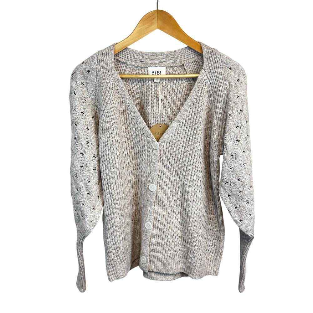New Bibi‎ Oatmeal V-Neck Button UP Cardigan Sweater Pointelle Sleeves Women's S